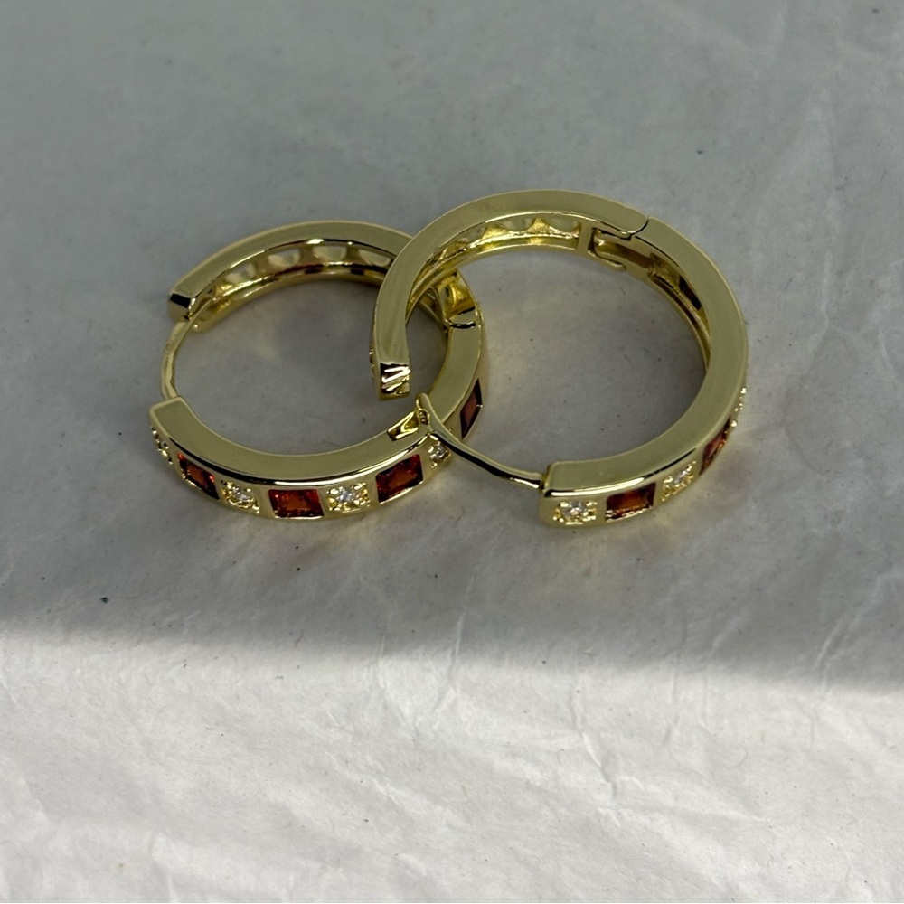 NWOT Gold Hoop Earrings with red and clear accents